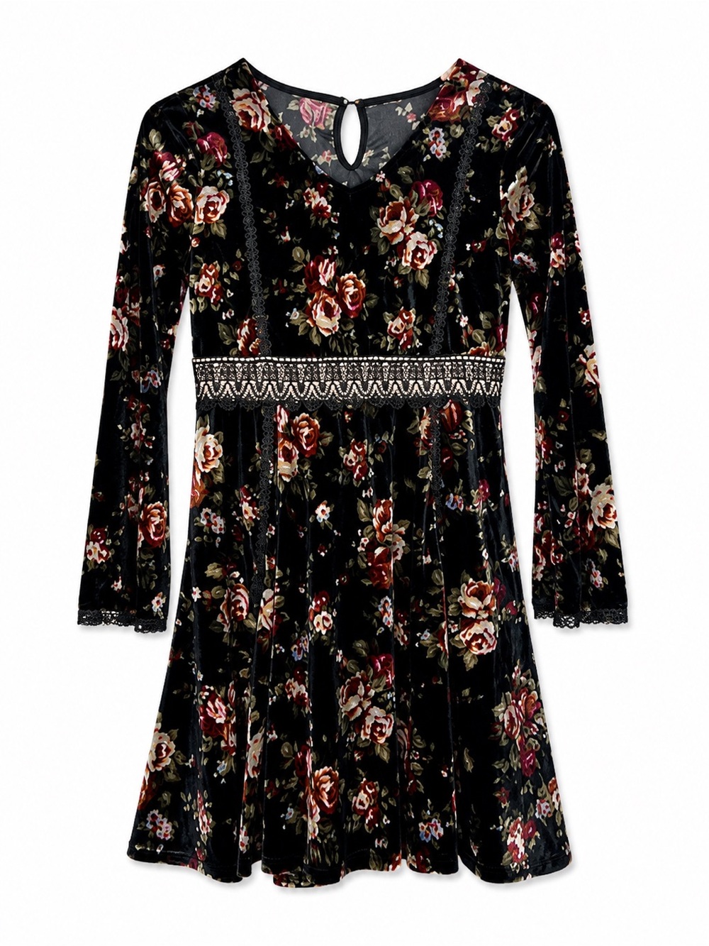 Arizona Girls Size 14 Black Floral Velvet Dress Lace Trim Long Sleeve